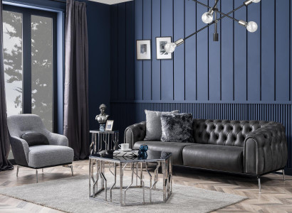Chesterfield Garnitur Sofa 4 Sitz Sessel Viersitzer Kunstleder Schwarz